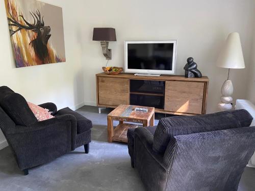 a living room with two chairs and a flat screen tv at Natuurpark Hoefbos Boshuisje Veluwe in Otterlo