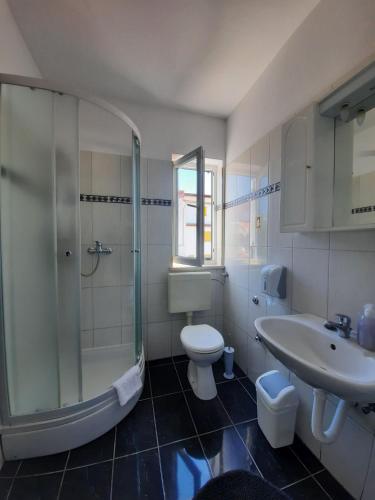 a bathroom with a shower and a toilet and a sink at Villa Doris YourCroatiaHoliday in Premantura