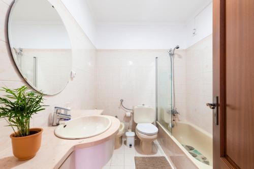 La salle de bains est pourvue d'un lavabo, de toilettes et d'un miroir. dans l'établissement Ericeira Central Apartment, à Ericeira