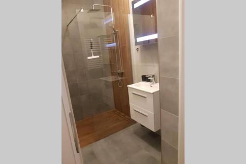 La salle de bains est pourvue d'une douche et d'un lavabo. dans l'établissement Apartament Pod Taborem, à Niedzica