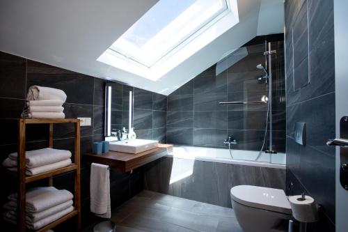 a bathroom with a sink and a toilet and a skylight at JUNIPRO Apartments Bostalsee in Bosen-Eckelhausen