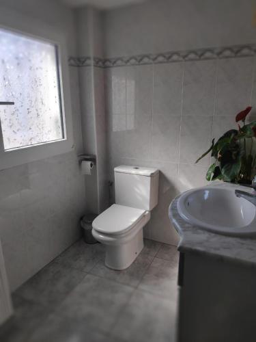 a bathroom with a toilet and a sink and a window at Can Blau in Roses
