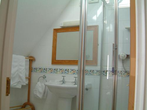 a bathroom with a shower and a sink at Highfield Farm in Sandy