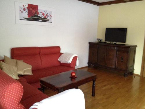 a living room with a red couch and a tv at Haus zur Therme in Bad Mitterndorf