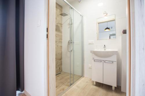 a bathroom with a glass shower and a sink at APARTAMENTY ALEJA RÓŻ in Międzyzdroje