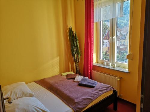 ein kleines Schlafzimmer mit einem Bett und einem Fenster in der Unterkunft Apartamenty Kostka in Karpacz