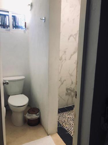 a bathroom with a white toilet and a shower at Casa Bizu in Bacalar