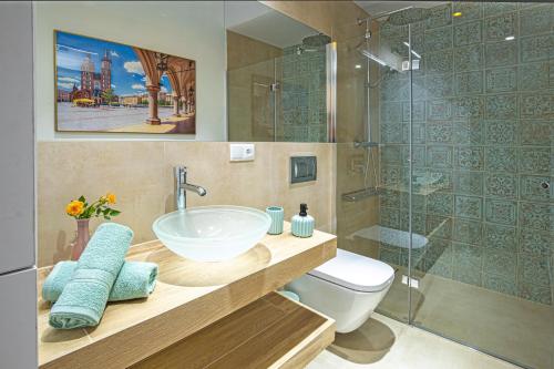ein Bad mit einem Waschbecken, einem WC und einer Dusche in der Unterkunft Apartament Ex Libris in Krakau