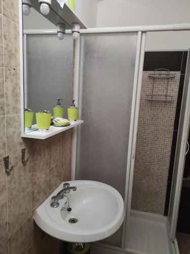 La salle de bains est pourvue d'un lavabo blanc et d'une douche. dans l'établissement MONOLOCALI DA VINCI, à Falconara Marittima