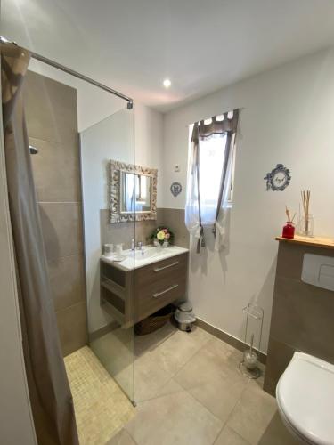 une salle de bain avec une douche, un lavabo et des toilettes dans l'établissement Hotel gite d'etape San Pasquale, à Conca