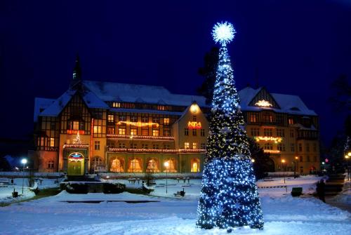 a christmas tree in front of a large building at Polonia in Kudowa-Zdrój