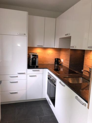 a kitchen with white cabinets and a sink at Ferienwohnung CeLina in Lienz