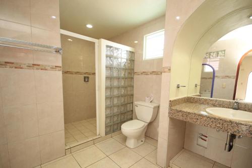 a bathroom with a toilet and a shower and a sink at Hotel Xestal in Santa Cruz Huatulco