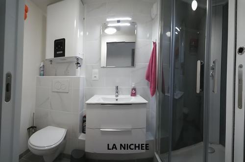 y baño con aseo, lavabo y ducha. en la Nichée en Hauteville-Lompnes