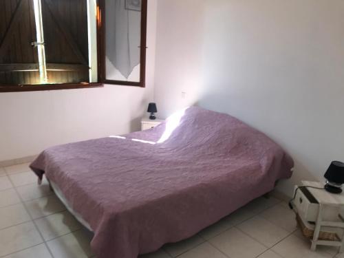 Un dormitorio con una cama con una manta morada. en Gîtes à COZZANO, en Cozzano