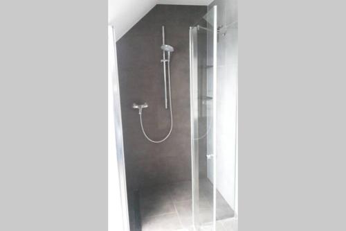 a shower in a bathroom with a glass door at Ferienwohnung Weserblick in Hessisch Oldendorf