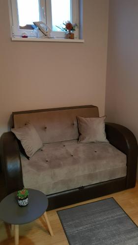 a brown couch in a living room with a table at Apartmani V&F in Vrnjačka Banja