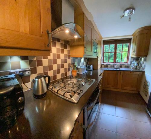 uma cozinha com uma placa de fogão e forno. em Jackfield Mill Ironbridge Gorge em Telford