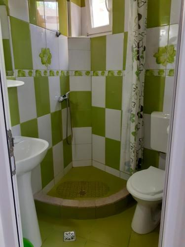 baño verde y blanco con aseo y lavabo en Apartament Daniel en Eforie Nord