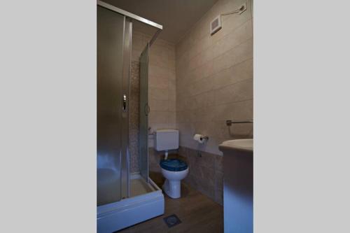 e bagno con servizi igienici, doccia e lavandino. di Sea view apartment Lovran a Lovran (Laurana)