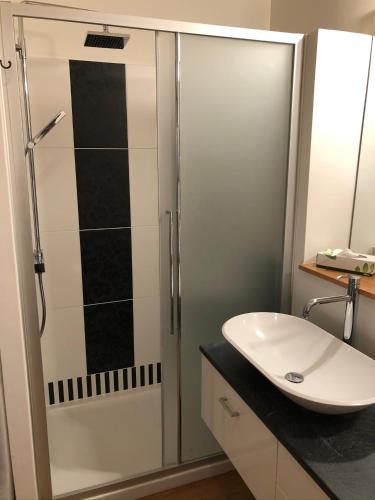 une salle de bain avec douche et lavabo dans l'établissement L`Atelier, à Saint-Martial-Viveyrol