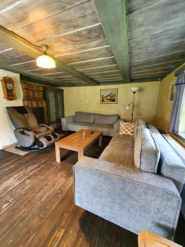a living room with a couch and a table at Chalupa Království in Šluknov