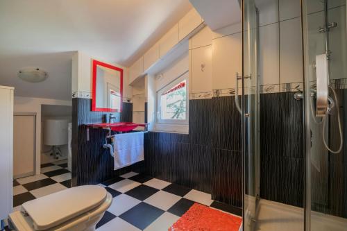 a bathroom with a toilet and a glass shower at Villa Marchelina in Grubine