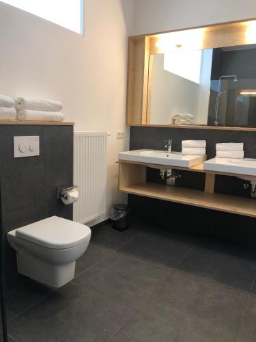 a bathroom with a toilet and two sinks and a mirror at Künstlerhaus in Niebüll
