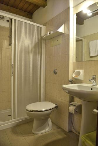 a bathroom with a toilet and a shower and a sink at Taverna Affittacamere in Gardone Riviera