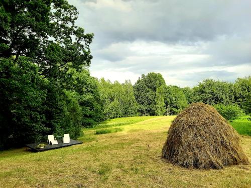 a pile of hay in a field with a haystack at Mošķu Pirts meža māja in Turaida