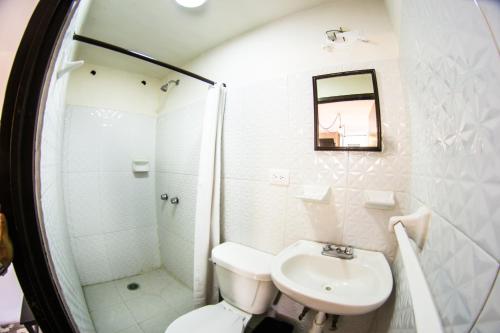 a bathroom with a sink and a toilet and a shower at La Fuente Catedral in Puebla