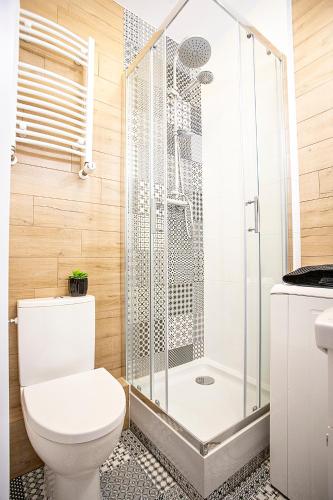 a bathroom with a shower and a toilet at Apartamenty Centrum in Bydgoszcz