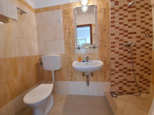 Sándorfalva的住宿－普拉坦薩拉莎莉酒店，一间带卫生间和水槽的浴室