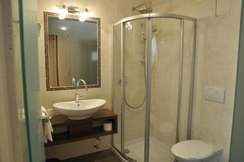 a bathroom with a shower and a sink and a toilet at Hotel Piné in Tires
