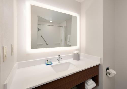 a bathroom with a white sink and a mirror at Holiday Inn Express & Suites San Antonio NW near SeaWorld by IHG in San Antonio
