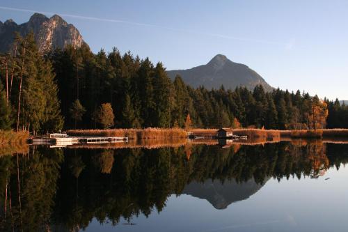 a view of a lake with trees and a mountain at Hotel Piné in Tires