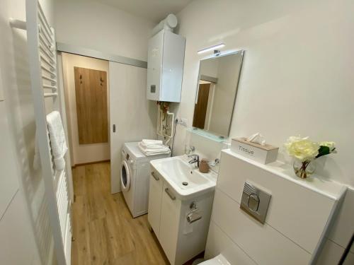 a white bathroom with a sink and a washing machine at Ella Appartement in Mariánské Lázně