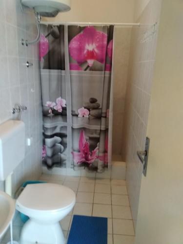 a bathroom with a toilet and a shower with pink flowers at Apartmani Maja in Pag