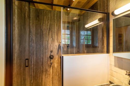 a bathroom with a wooden door in a room at 't Goed ter Fintele in Lo-Reninge