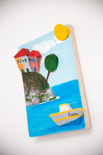 a painting of a house and a boat at Villa Zita Lovran in Opric