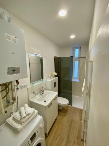 a white bathroom with a sink and a toilet at Ella Appartement in Mariánské Lázně