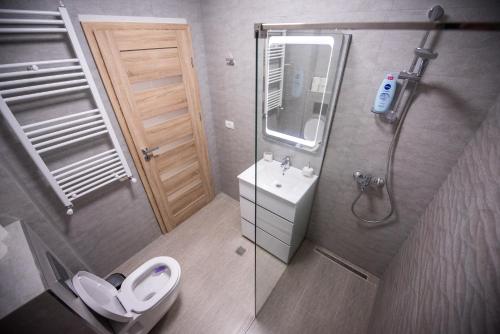 a bathroom with a shower and a toilet and a sink at Moonlight Apartments in Mamaia