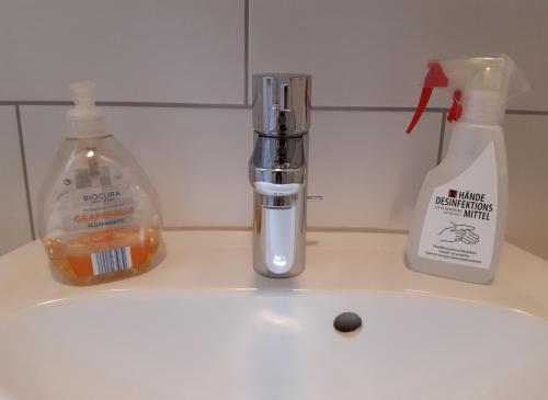 zlew z butelką mydła i dozownikiem mydła w obiekcie Ferienwohnung Landluft w mieście Ostercappeln