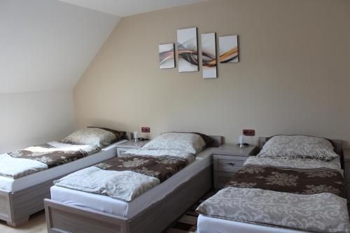 three beds are lined up in a room at Penzion Avena in Stříbro