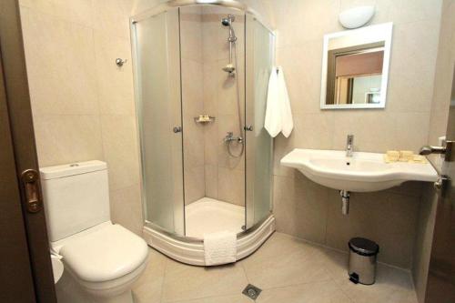 a bathroom with a shower and a toilet and a sink at Hotel Anaklia in Anaklia