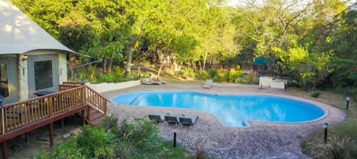 a swimming pool with a deck next to a house at Kruger Adventure Lodge in Hazyview