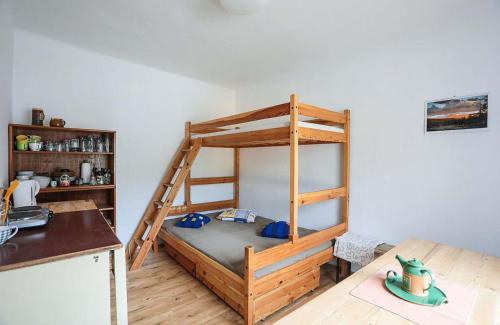 セミリにあるChatička - Spálovの二段ベッド付きのキッチンが備わる客室です。