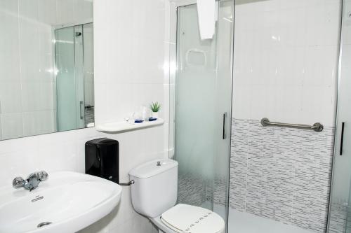 een badkamer met een toilet, een wastafel en een douche bij Hotel Voar in Ribadeo