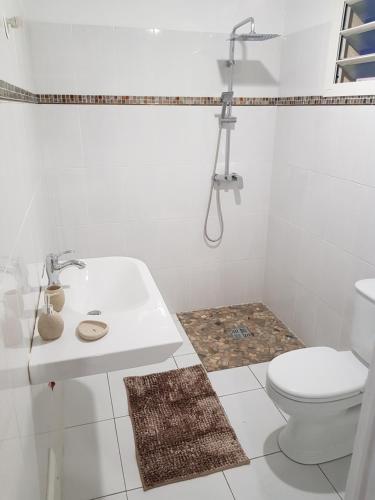 La salle de bains blanche est pourvue d'un lavabo et de toilettes. dans l'établissement THE ISLAND PARADISE, à Baillif