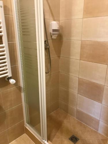 a shower with a glass door in a bathroom at Restauracja Sonata in Zwierzyniec